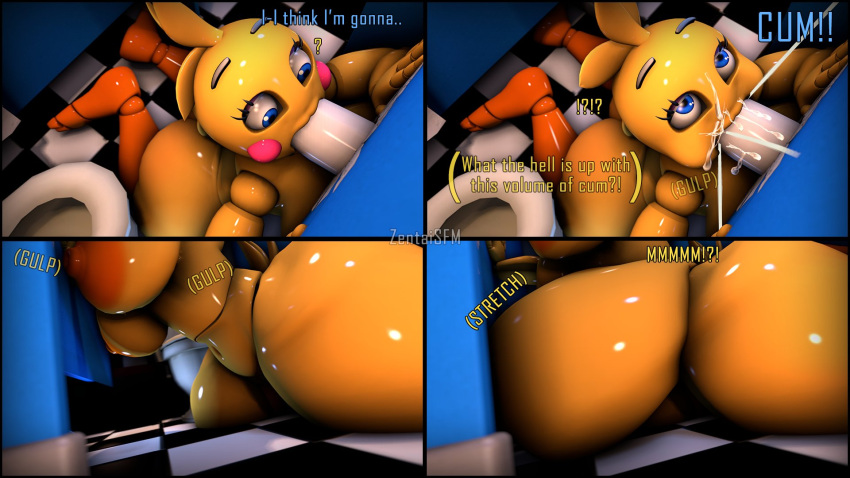 avian bird bodily_fluids breasts chicken cum cum_inflation duo female five_nights_at_freddy's five_nights_at_freddy's_2 galliform gallus_(genus) genital_fluids genitals hi_res inflation male male/female penis phasianid toy_chica_(fnaf) video_games zentaisfm