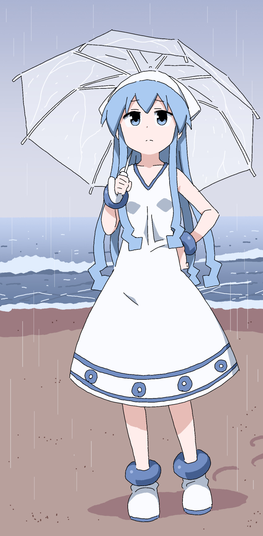 1girl absurdres anbe_masahiro bangs bare_arms bare_shoulders beach blue_eyes blue_hair bracelet clenched_hand closed_mouth collarbone contrapposto day dress footprints frown full_body furrowed_eyebrows hand_on_hip hand_up highres holding holding_umbrella horizon ikamusume jewelry long_hair looking_up marine_day medium_dress ocean official_art outdoors rain sand shinryaku!_ikamusume sky sleeveless sleeveless_dress solo standing tareme tentacle_hair transparent transparent_umbrella umbrella very_long_hair water white_dress white_footwear white_headwear