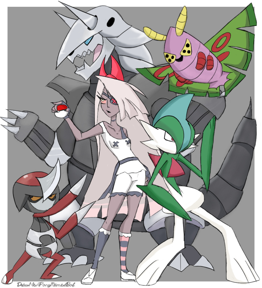 aggron ambiguous_gender anthro arthropod breasts clothed clothing crossover demon drawmeaponynamedbob dustox female feral gallade green_body grey_body group hair hazbin_hotel humanoid insect lepidopteran moth multicolored_body nintendo open_mouth open_smile pawniard pok&eacute;mon pok&eacute;mon_(species) red_eyes simple_background smile tongue vaggie_(vivzmind) video_games white_body white_eyes white_hair