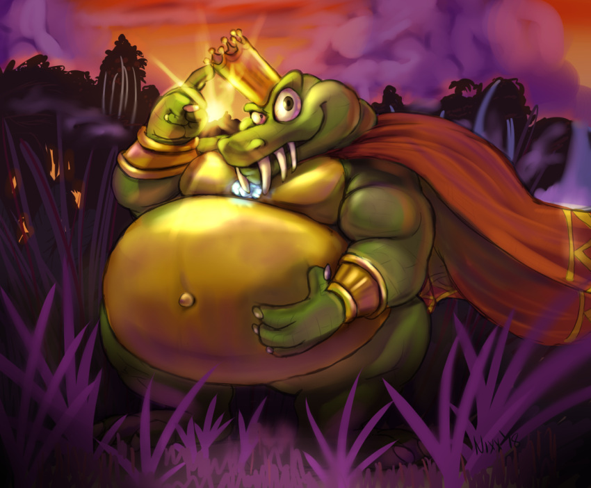 2018 3_toes 4_fingers anthro belly biceps big_belly biped bottomless bracelet cape cape_only claws clothed clothing crocodile crocodilian crocodylid crown digital_media_(artwork) donkey_kong_(series) fangs feet finger_claws fingers front_view green_body green_scales hand_on_stomach holding_belly jewelry king king_k._rool kremling looking_at_viewer male mostly_nude musclegut muscular muscular_anthro muscular_male navel nintendo nixx obese obese_anthro obese_male open_mouth open_smile outie_navel outside overweight overweight_anthro overweight_male pecs plantigrade reptile royalty scales scalie smile solo standing thick_thighs toe_claws toes video_games white_claws