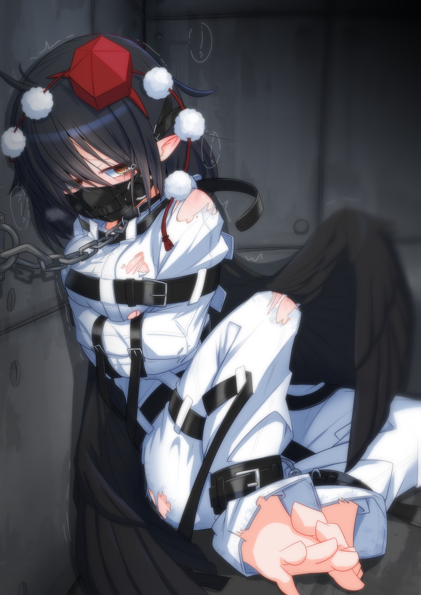 1girl absurdres barefoot bdsm belt_buckle bird_wings black_hair black_wings bondage bound breasts buckle cloth_gag feet gag gagged hat hauchiwa highres improvised_gag medium_breasts menou_74 over_the_nose_gag padded_walls pointy_ears pom_pom_(clothes) restrained saliva shameimaru_aya short_hair solo straitjacket tengu tied_up toes tokin_hat torn_clothes touhou wings yellow_eyes