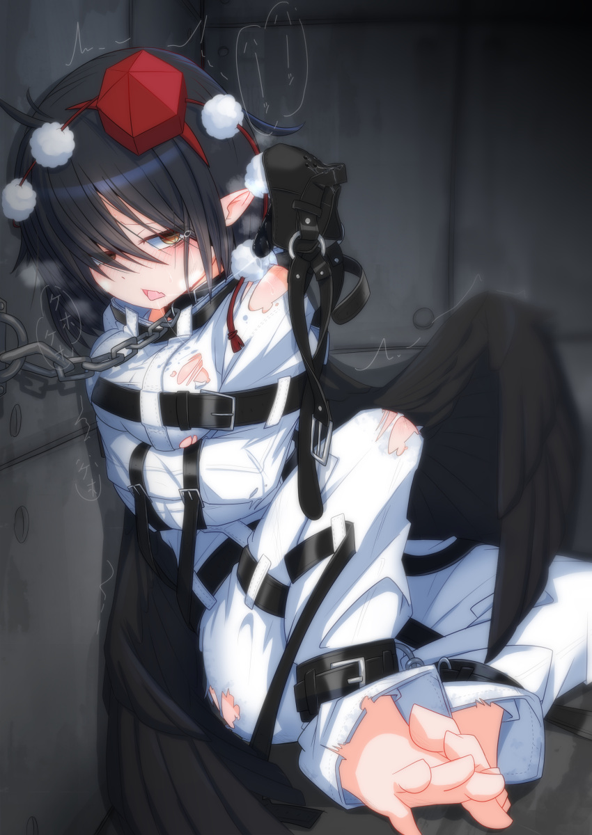 1girl absurdres barefoot bdsm belt_buckle bird_wings black_hair black_wings bondage bound breasts buckle dildo_gag feet gag_removed hat hauchiwa highres medium_breasts menou_74 padded_walls pointy_ears pom_pom_(clothes) restrained shameimaru_aya short_hair solo straitjacket tengu tied_up toes tokin_hat torn_clothes touhou wings yellow_eyes