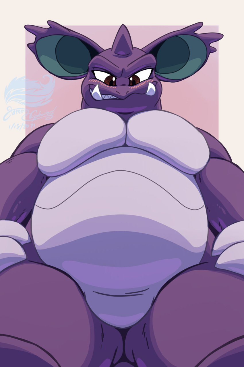 anthro belly big_ears blush brown_eyes claws fangs featureless_crotch hands_on_hips hi_res horn jammerhighwind looking_at_viewer low-angle_view male nidoking nintendo pok&eacute;mon pok&eacute;mon_(species) simple_background slightly_chubby smile smiling_at_viewer smirk solo video_games watermark