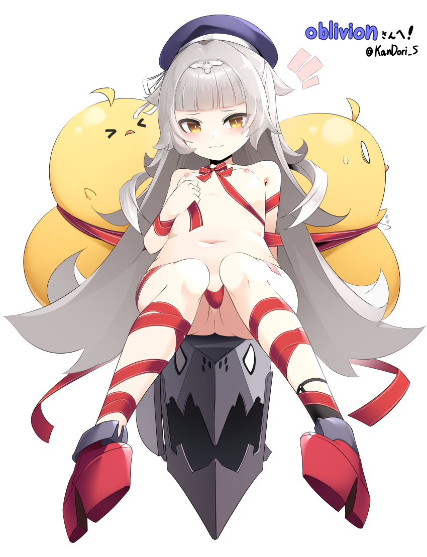 &gt;_&lt; 1girl absurdres ass azur_lane bangs beret blunt_bangs blush breasts commentary_request grey_hair hair_flaps hat highres kandori light_brown_eyes long_hair looking_at_viewer manjuu_(azur_lane) mole mole_under_eye naked_ribbon navel nipples parted_lips red_ribbon ribbon shoes simple_background sitting small_breasts twitter_username white_background z46_(azur_lane)