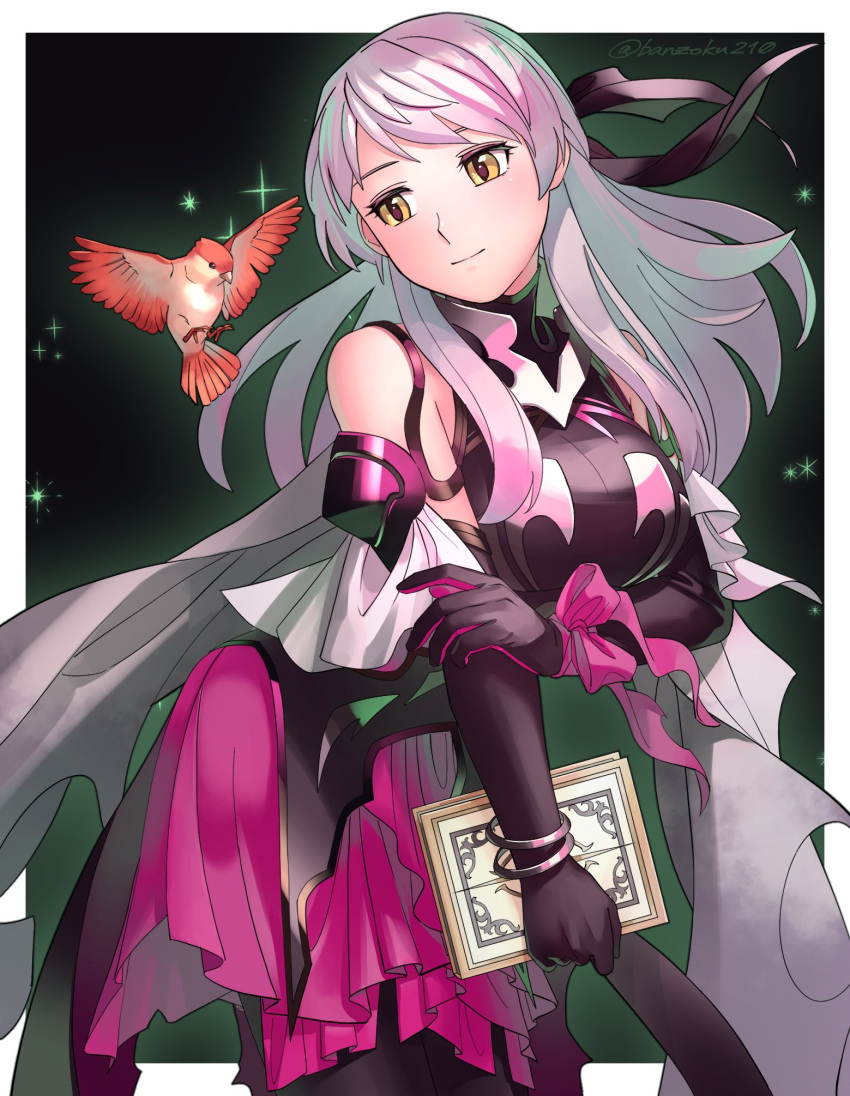 1girl a_(user_vtsy8742) adapted_costume bangs bare_shoulders bird black_background black_gloves black_legwear book border bow dress elbow_gloves fire_emblem fire_emblem:_radiant_dawn gloves half_updo highres holding holding_book long_hair looking_at_another micaiah_(fire_emblem) official_alternate_costume short_dress silver_hair sleeveless sleeveless_dress smile solo star_(symbol) torn_clothes twitter_username white_border yellow_eyes yune_(fire_emblem)