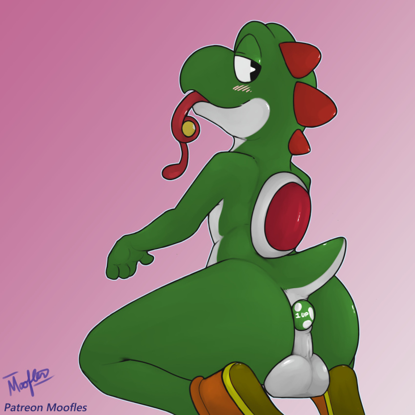 1-up_mushroom anthro balls blush butt buttplug clothing coin dinosaur footwear fungus genitals green_yoshi hi_res kneeling looking_back male mario_bros moofles123 mushroom nintendo reptile scalie sex_toy shell shoes tongue video_games yoshi