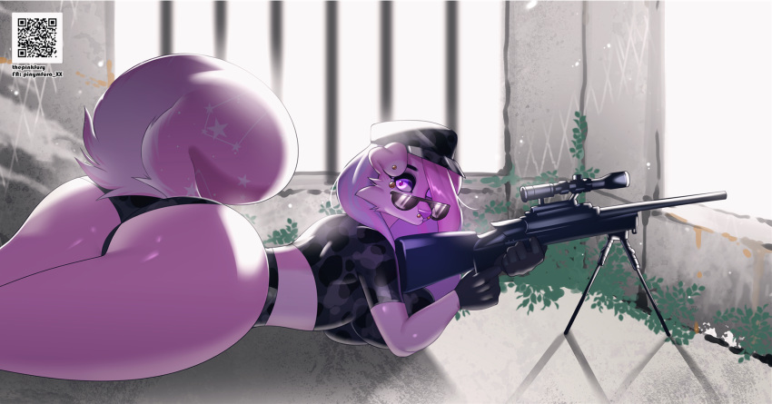 anthro big_breasts big_butt breasts butt canid canine canis clothed clothing costume curvy_figure digital_media_(artwork) domestic_dog female fur gloves gun hair handwear hi_res holding_object konami mammal metal_gear qr_code ranged_weapon simple_background sniper sniper_wolf solo thepinkfury thick_thighs video_games weapon