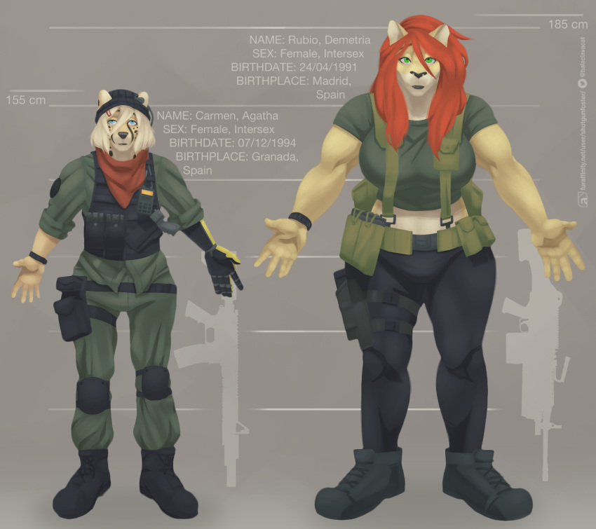 anthro balaclavacat big_breasts blonde_hair blue_eyes bob_cut boots breasts bulletproof_vest cheetah clothing duo felid feline footwear green_eyes gun gynomorph hair handgun hi_res holster intersex intersex/intersex leggings legwear lion lmg looking_at_viewer magazine_(gun) male mammal military model_sheet muscular muscular_intersex pantherine pistol prosthetic prosthetic_arm prosthetic_limb ranged_weapon red_hair rifle scarf short_hair simple_background smile standing text uniform weapon