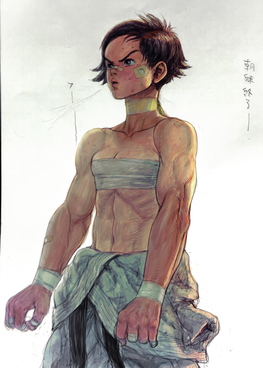 1girl abs bandaged_fingers bandaged_wrist bandages bandaid bandaid_on_arm bandaid_on_cheek bandaid_on_nose belt black_belt breasts breath choker cleavage clothes_around_waist commentary_request dougi furrowed_eyebrows highres ikeno_daigo karate_gi lips makoto_(street_fighter) muscular muscular_female navel nose official_art ribbon_choker sarashi shirtless short_hair small_breasts solo street_fighter street_fighter_iii_(series) sweat thick_eyebrows tomboy yellow_choker