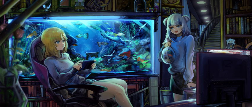 2girls absurdres aquarium bag blonde_hair blue_eyes blue_hair book bookshelf breasts chair character_doll clock fish gawr_gura globe hair_ornament highres hololive hololive_english long_sleeves monitor monocle_hair_ornament multiple_girls office_chair open_mouth plastic_bag rubik's_cube shark_hair_ornament sharp_teeth shorts shrimp smile stairs teeth two_side_up virtual_youtuber vyragami watson_amelia