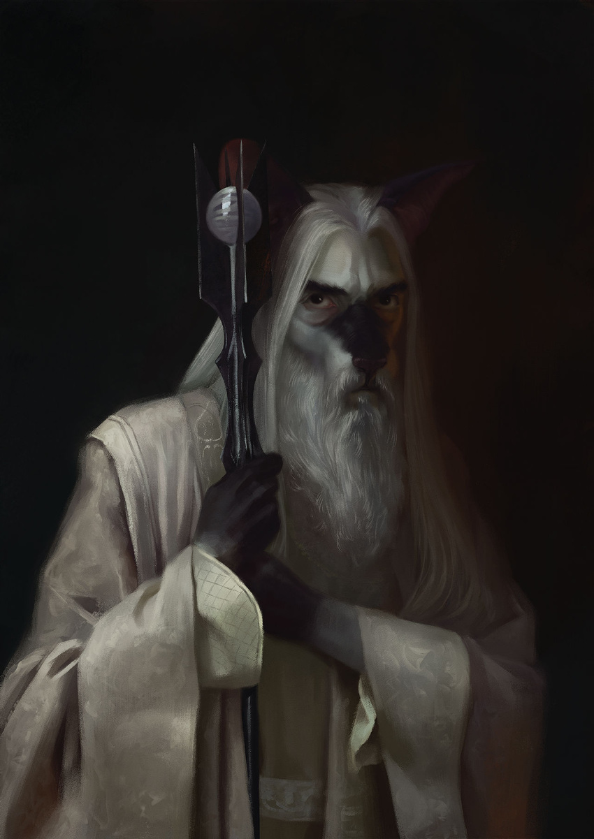 2021 anthro anthrofied beard bra1neater clothed clothing facial_hair felid feline fur furry gloves_(marking) hi_res holding_object j._r._r._tolkien looking_at_viewer male mammal markings middle-earth_(tolkien) mustache proper_art saruman solo staff the_lord_of_the_rings