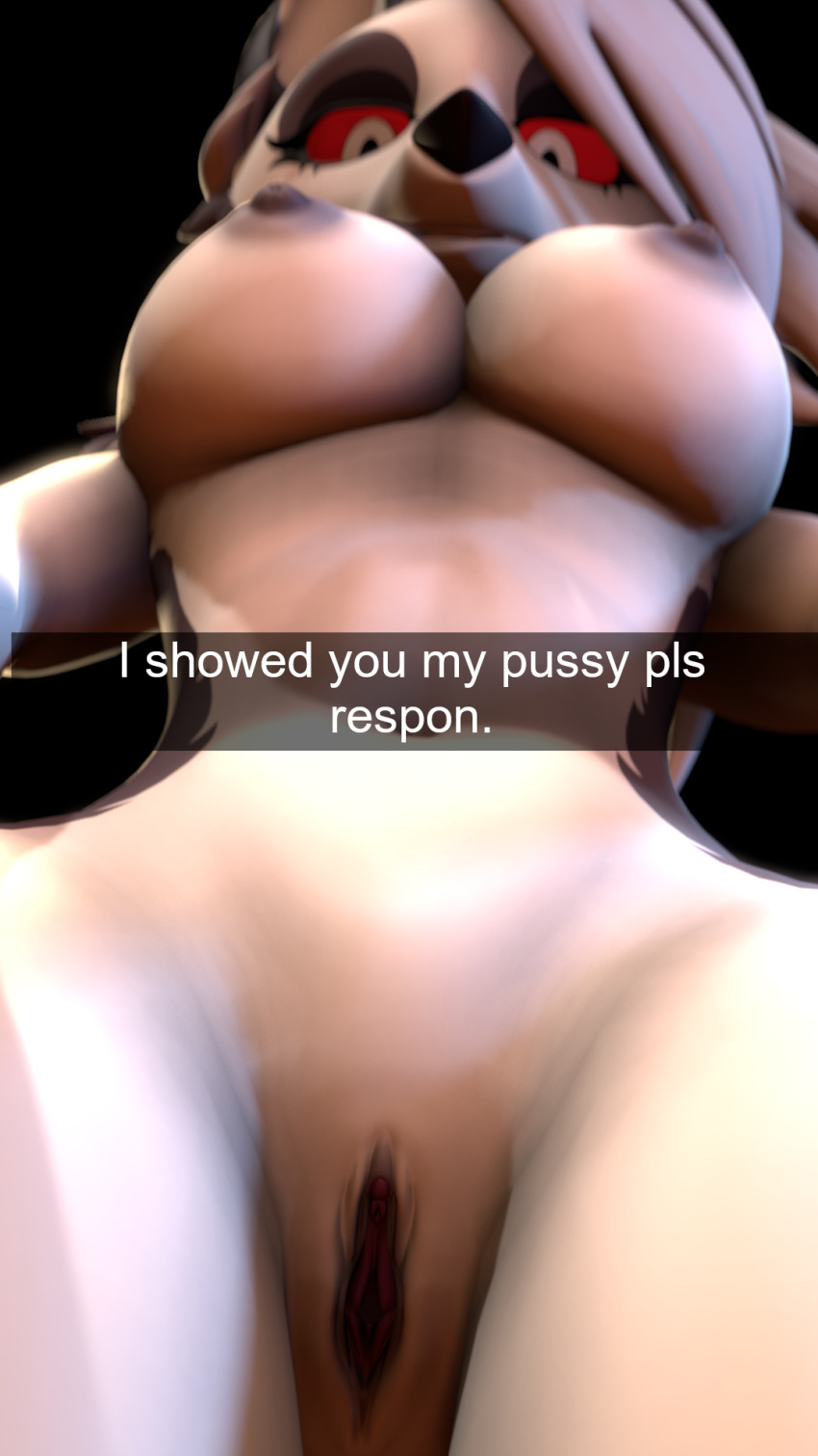3d_(artwork) a1ph4w01v breasts canid canine canis digital_media_(artwork) erect_nipples female fur genitals helluva_boss hi_res loona_(vivzmind) low-angle_view mammal nipples pussy selfie snapchat solo white_body white_fur wolf worm's-eye_view