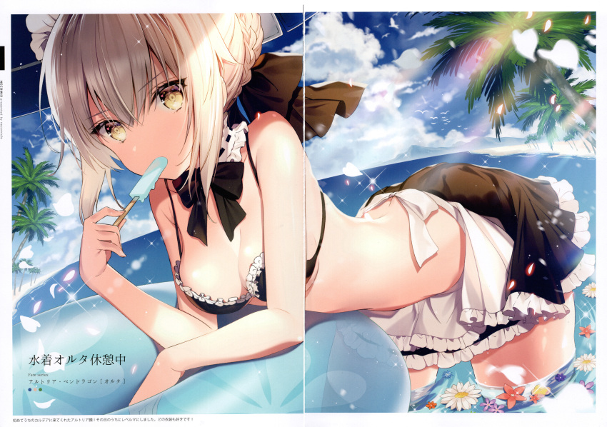 1girl absurdres apron artoria_pendragon_(all) artoria_pendragon_(alter_swimsuit_rider)_(fate) bangs bare_arms bare_shoulders bikini black_bikini blonde_hair blue_sky bow braid breasts cleavage cloud cloudy_sky day detached_collar fate/grand_order fate_(series) flower food french_braid frills hair_ornament highres holding huge_filesize innertube looking_at_viewer maid_bikini maid_headdress maid_swimsuit medium_breasts midriff necomi ocean outdoors palm_leaf palm_tree partially_submerged petals popsicle scan simple_background skirt sky solo sunlight swimsuit tied_hair tree waist_apron water yellow_eyes
