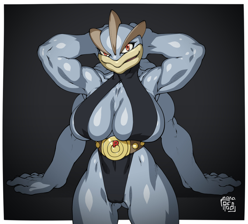 2020 4_arms anthro belt big_breasts black_background border breast_squish breasts camel_toe facing_viewer female gradient_background hands_behind_head hi_res huge_breasts lips looking_at_viewer machamp multi_arm multi_limb muscular muscular_anthro muscular_female nintendo pok&eacute;mon pok&eacute;mon_(species) reabault red_eyes simple_background small_waist smile smirk solo squish standing thick_lips video_games white_border wide_hips
