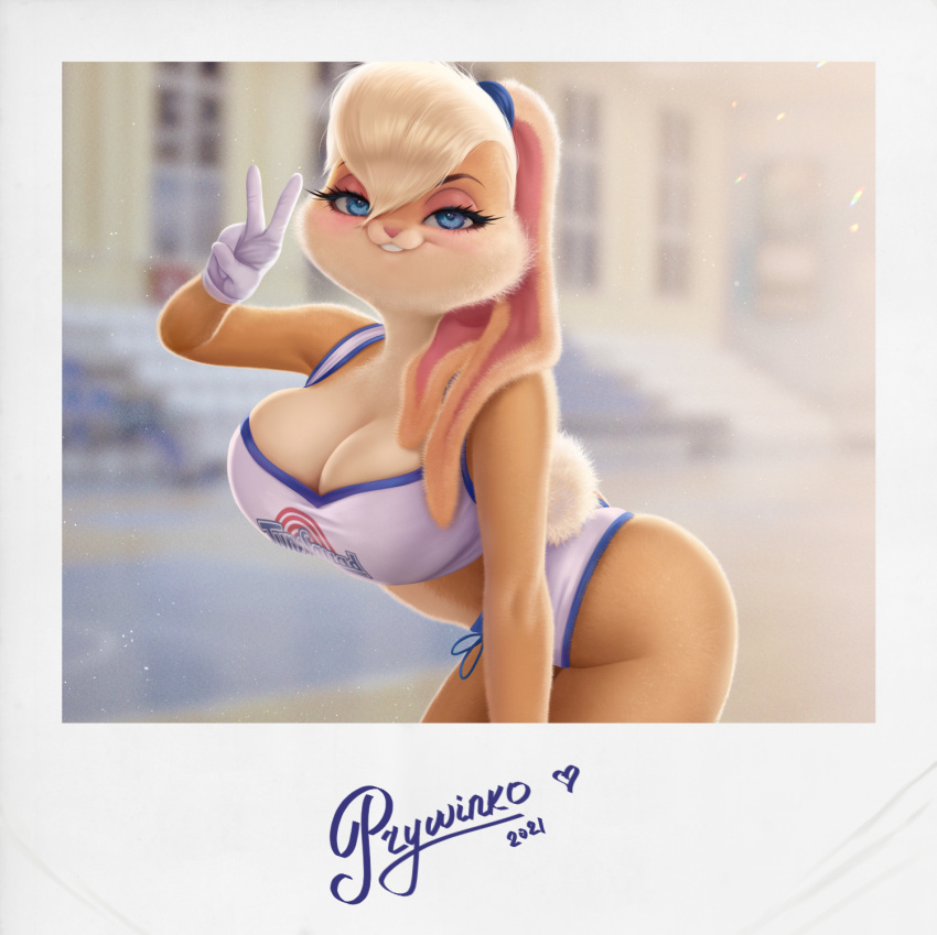 2021 anthro big_breasts big_butt blonde_hair blue_eyes breasts butt clothed clothing female hair hi_res lagomorph leporid lola_bunny looking_at_viewer looney_tunes mammal prywinko rabbit skimpy solo space_jam warner_brothers