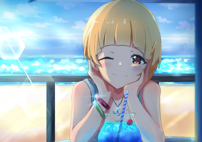 anchor_necklace bangs blonde_hair blue_hawaii blunt_bangs blurry blush bracelet depth_of_field eyebrows_visible_through_hair fukuda_noriko glint hands_on_own_cheeks hands_on_own_face highres idolmaster idolmaster_million_live! idolmaster_million_live!_theater_days jewelry lens_flare looking_at_viewer ocean one_eye_closed sanami_(sanami_t_38) shaded_face sleeveless smile sunlight