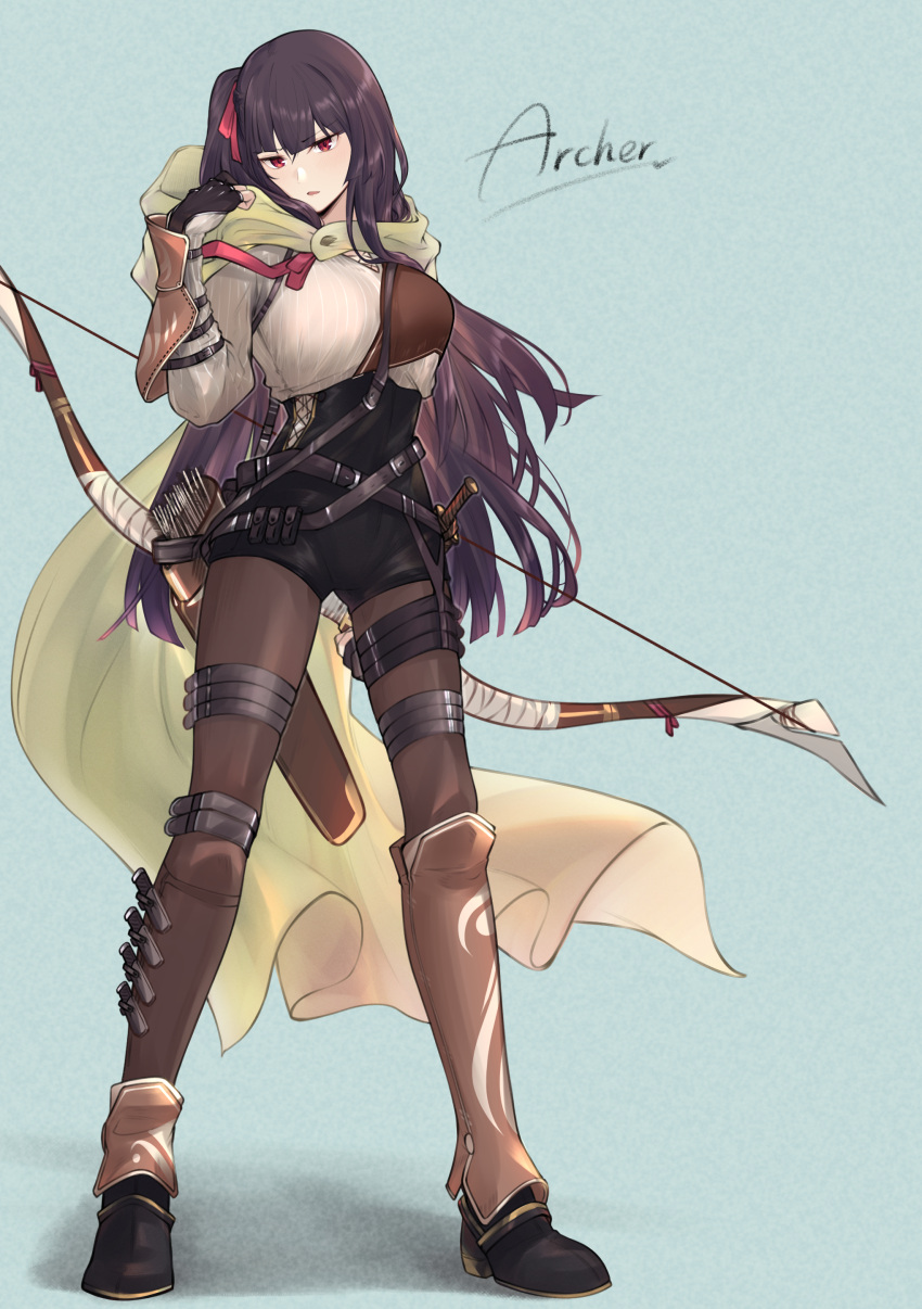 1girl absurdres adapted_costume ankle_boots arrow_(projectile) black_gloves black_legwear blush boots bow bow_(weapon) breasts eyebrows_visible_through_hair fingerless_gloves girls_frontline gloves hair_ribbon hand_up highres holding holding_bow_(weapon) holding_weapon holstered_weapon hood hooded_jacket jacket knife long_hair looking_at_viewer medium_breasts mismatched_footwear muneate open_mouth pantyhose purple_hair quiver red_eyes red_ribbon ribbon shorts side_ponytail simple_background solo spatterguards standing stigmamyu wa2000_(girls_frontline) weapon