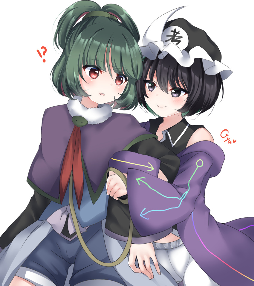 2others adagumo_no_saragimaru androgynous black_hair capelet green_hair hair_ornament hat highres hood hoodie len'en multiple_others ougi_hina purple_eyes shitodo_kuroji short_hair shorts side_ponytail snake_hair_ornament triangular_headpiece