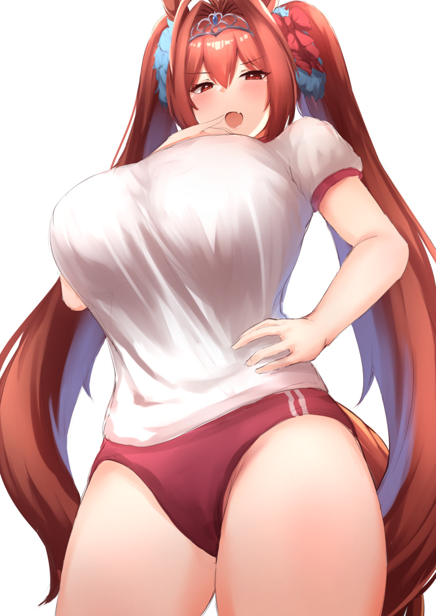 animal_ears breasts brown_hair buruma daiwa_scarlet gym_shirt gym_uniform hair_intakes highres horse_ears horse_girl horse_tail john_zhang large_breasts long_hair red_buruma red_eyes shirt short_sleeves tail tiara twintails umamusume very_long_hair white_shirt