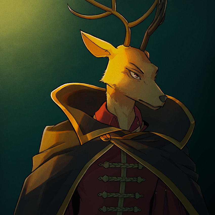 1:1 2020 adler_(beastars) anthro antlers beastars black_cape brown_body brown_eyes brown_fur cape cervid cervine clothed clothing collared_shirt fur green_background hi_res horn louis_(beastars) male mammal myselfsquared narrowed_eyes red_clothing red_deer red_shirt red_topwear shirt simple_background solo topwear