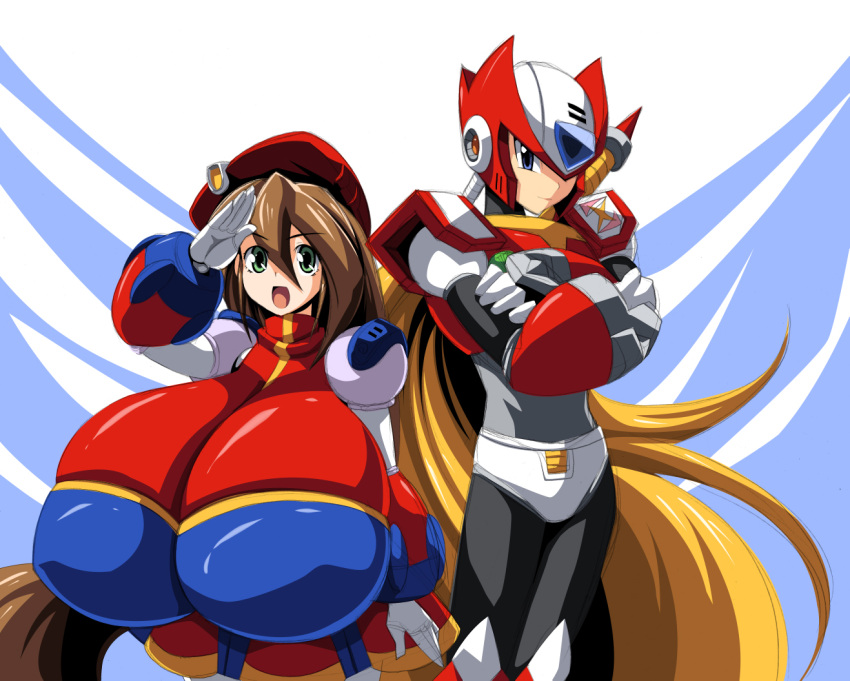 2009 armor big_breasts blonde_hair blue_eyes breasts brown_hair clothing dress duo female gesture gloves green_eyes hair handwear hat headgear headwear helmet humanoid iris_(mega_man_x) kloah13 machine male megaman_x reploid robot salute simple_background zero_(mega_man)