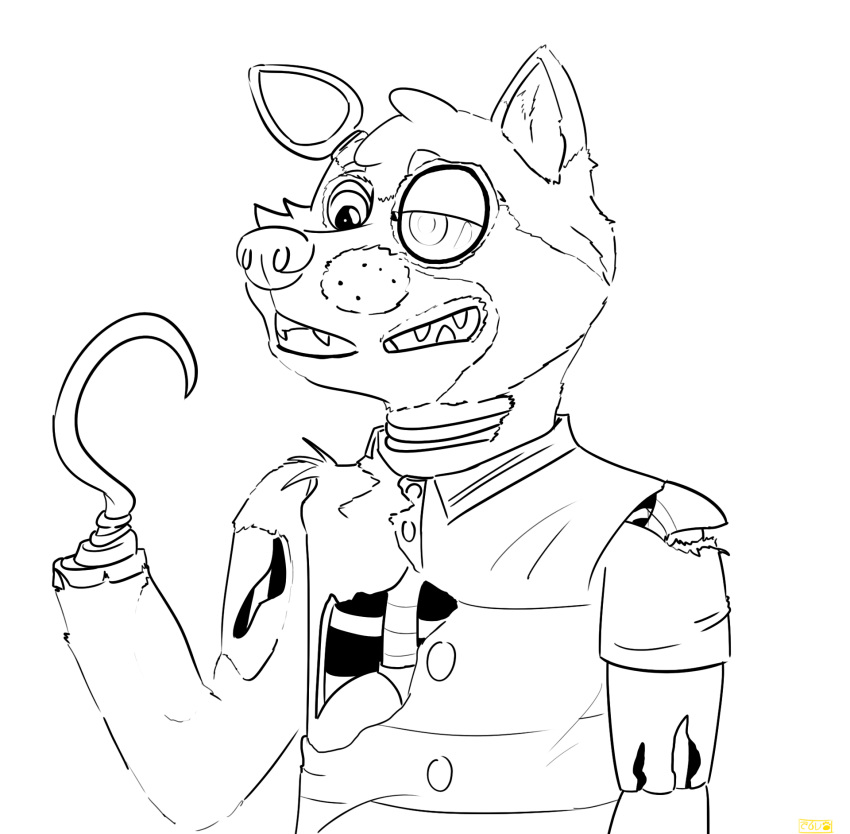 animatronic anthro black_and_white bone canid canine clothing five_nights_at_freddy's fox foxy_(fnaf) hi_res hook hook_hand kuramafurrypaw machine male mammal maximirusupauaa monochrome msheireushuua pirate procyonid raccoon robot shape_shifter shapeshifting sharp_teeth simple_background snout solo teeth torn_clothing transformation video_games white_background