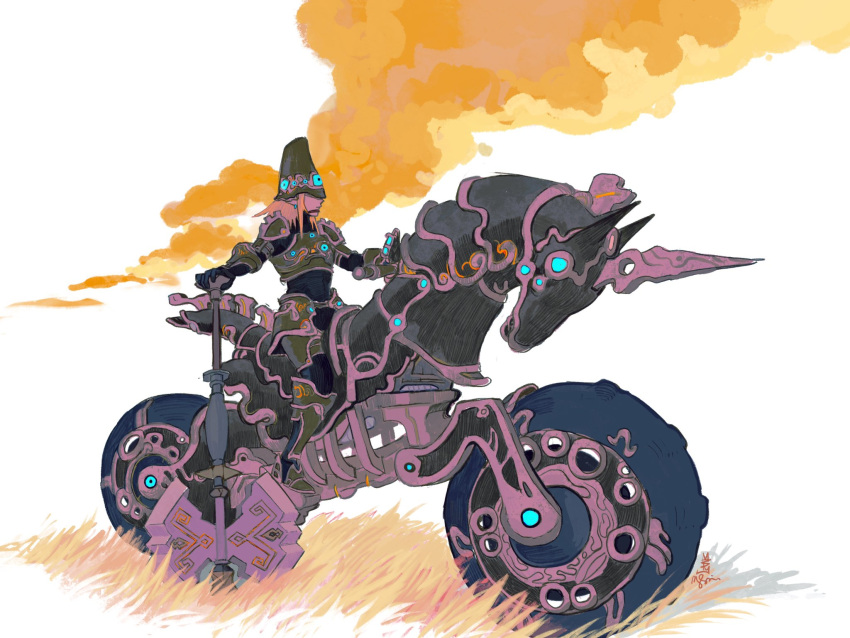 1boy alternate_costume ancient_set_(zelda) armor axe blonde_hair cloud grass ground_vehicle helmet highres link mai_(marmastry) master_cycle motor_vehicle motorcycle off_shoulder planted_axe planted_weapon riding solo the_legend_of_zelda the_legend_of_zelda:_breath_of_the_wild weapon