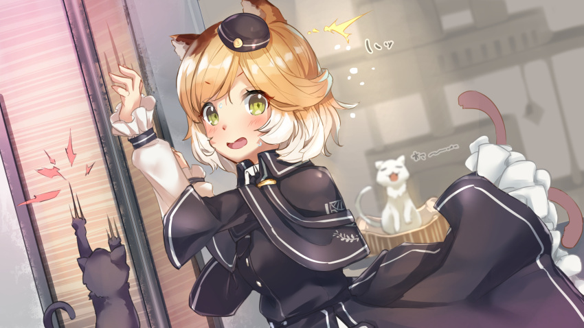 1girl animal_ears arknights blonde_hair blush buttons capelet cat cat_ears cat_girl commentary_request dress dress_shirt frilled_skirt frills green_eyes hat hellnyaa highres indoors long_sleeves looking_to_the_side mini_hat mousse_(arknights) multicolored_hair multiple_tails scratching scratching_post shirt skirt solo surprised tail thighhighs translation_request two_tails