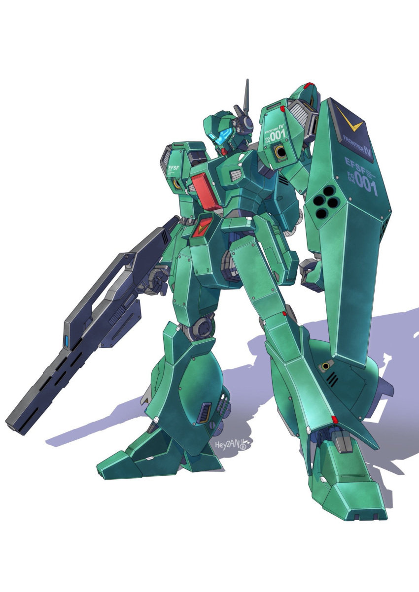 artist_name beam_rifle char's_counterattack energy_gun gun gundam heyzan highres holding holding_gun holding_shield holding_weapon jegan looking_down mecha mobile_suit no_humans science_fiction shadow shield solo visor weapon white_background