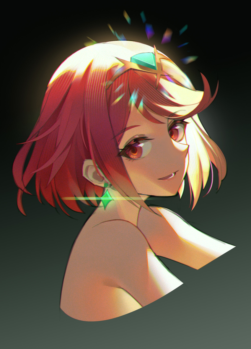 1girl :d absurdres bangs cropped_torso earrings eyebrows_visible_through_hair from_side gradient gradient_background green_background highres jewelry lens_flare looking_at_viewer looking_to_the_side nude open_mouth portrait pyra_(xenoblade) red_eyes smile solo swept_bangs tiara xenoblade_chronicles_(series) xenoblade_chronicles_2 yaxiya