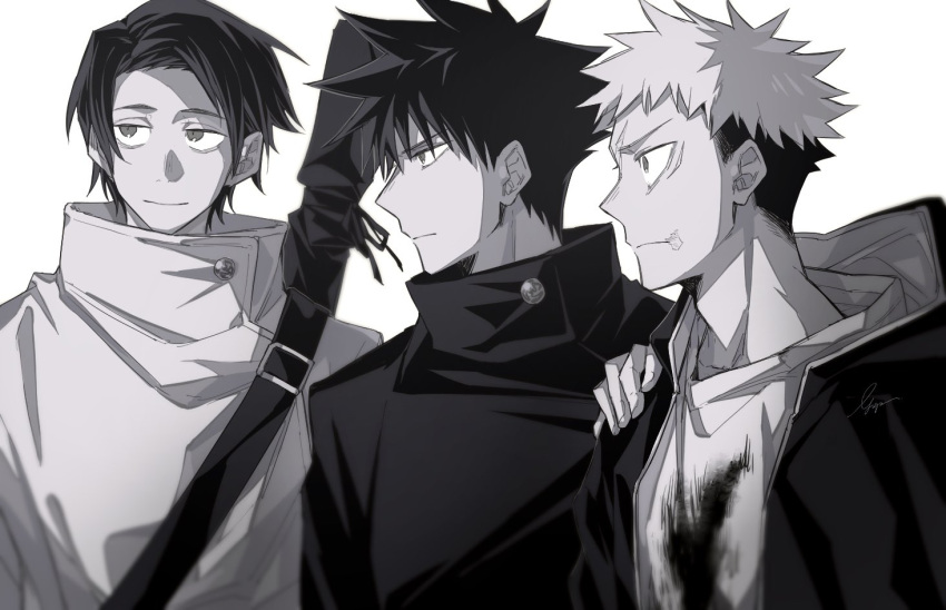 3boys bangs closed_mouth dirty dirty_clothes facial_mark fushiguro_megumi gakuran greyscale gusha_(orenji_hnkn) high_collar itadori_yuuji jacket jujutsu_kaisen looking_away male_focus monochrome multiple_boys okkotsu_yuuta profile scar scar_on_face school_uniform shirt short_hair simple_background smile spiked_hair undercut upper_body weapon_bag