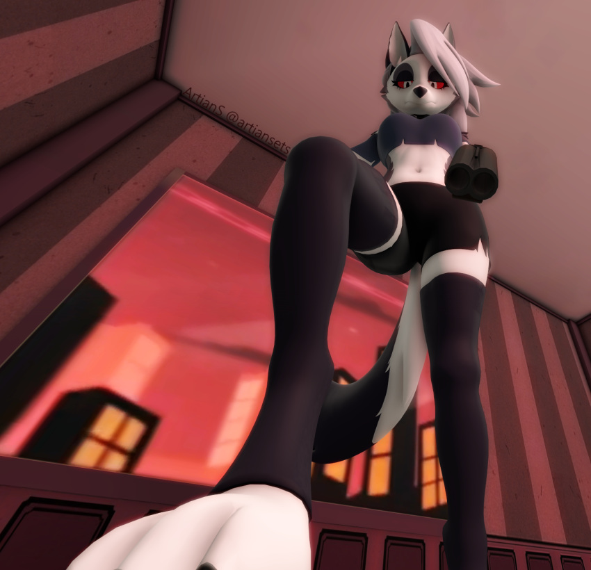 3_toes 3d_(artwork) anthro artians barefoot bottomwear building canid canid_demon canine choker clothed clothing collar demon detailed_background digital_media_(artwork) domination feet female female_domination first_person_view foot_focus fur gun hair hellhound helluva_boss hi_res inside jewelry legwear looking_at_viewer looking_down loona_(vivzmind) low-angle_view mammal multicolored_body multicolored_fur navel necklace notched_ear ranged_weapon red_background red_sclera red_sky sawed-off_shotgun shirt shorts shotgun simple_background sky solo source_filmmaker stepped_on stockings toes topwear torn_clothing weapon white_body white_eyes white_fur white_hair window
