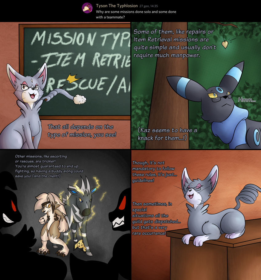 absurd_res baby_pok&eacute;mon bolero_delatante canid canine chalkboard clenched_teeth comic digital_media_(artwork) dominic_armois eeveelution electricity english_text eyewear fan_character female feral forest furniture glameow glasses group hi_res kaz_mercais locket lycanroc male mammal midnight_lycanroc neksu nintendo open_mouth pichu plant pok&eacute;mon pok&eacute;mon_(species) pok&eacute;mon_mystery_dungeon ryn_purrawri scarf table teeth text tree umbreon video_games wanderlust zebstrika