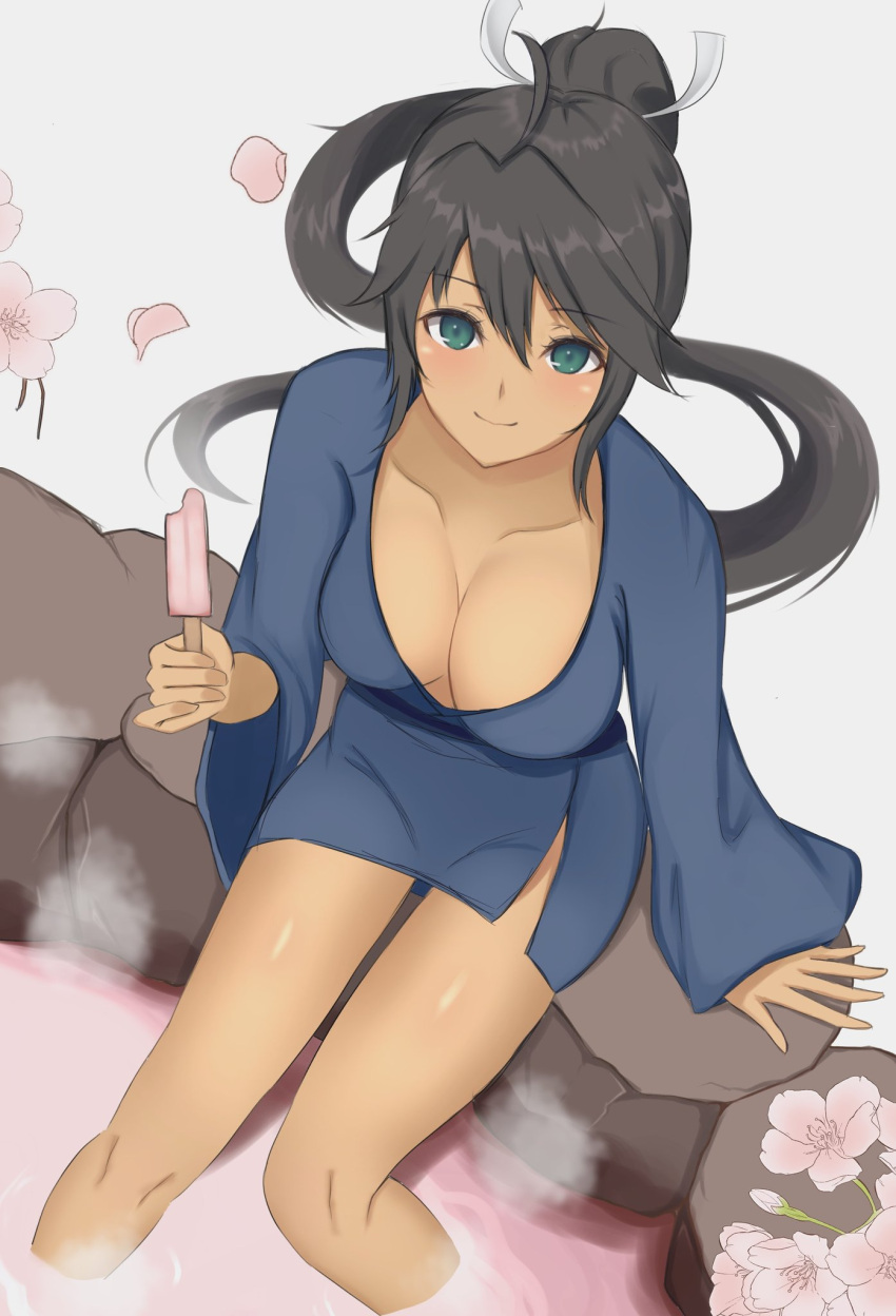 1girl bath_yukata black_hair breasts cherry_blossoms cleavage collarbone commentary flower food green_eyes hair_ribbon highres homura_(senran_kagura) japanese_clothes kimono large_breasts long_hair looking_at_viewer looking_up onsen petals pink_flower ponytail popsicle ribbon rock senran_kagura sitting smile soaking_feet steam surippa1010 very_long_hair water yukata