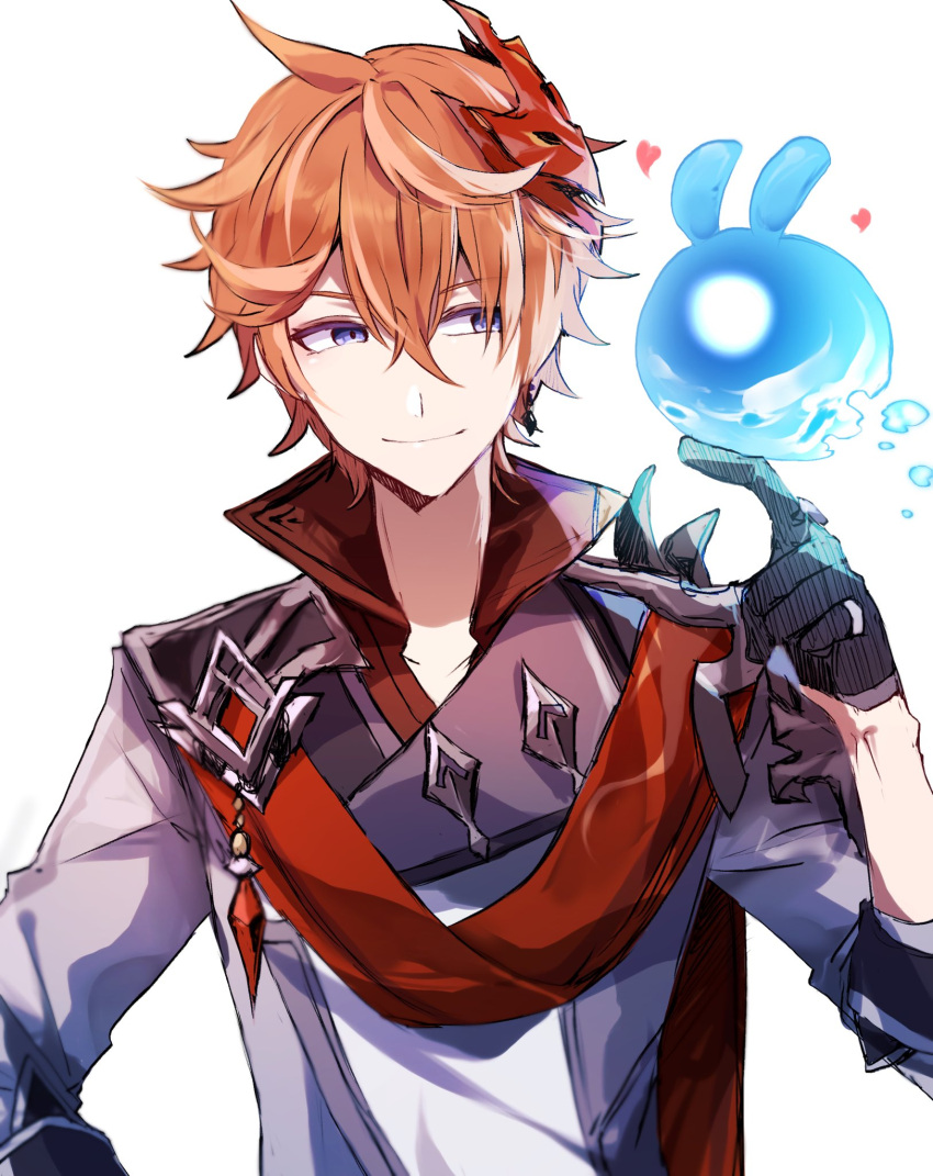 1boy bangs black_gloves blue_eyes genshin_impact gloves hair_between_eyes highres jacket jewelry male_focus mask mask_on_head orange_hair red_scarf ryu_genshin77 scarf seelie_(genshin_impact) simple_background single_earring smile tartaglia_(genshin_impact) upper_body white_background