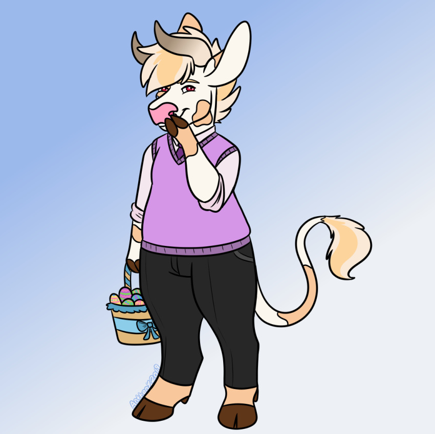 2019 anthony_(goldiescales) anthro basket biped black_bottomwear black_clothing black_pants bottomwear bovid bovine brown_hooves cattle clothed clothing easter easter_basket easter_egg fingers fully_clothed goldiescales holding_basket holidays hooved_fingers hooves male mammal pants pink_nose purple_clothing purple_shirt purple_topwear shirt simple_background smile solo standing topwear trans_(lore) trans_man_(lore)