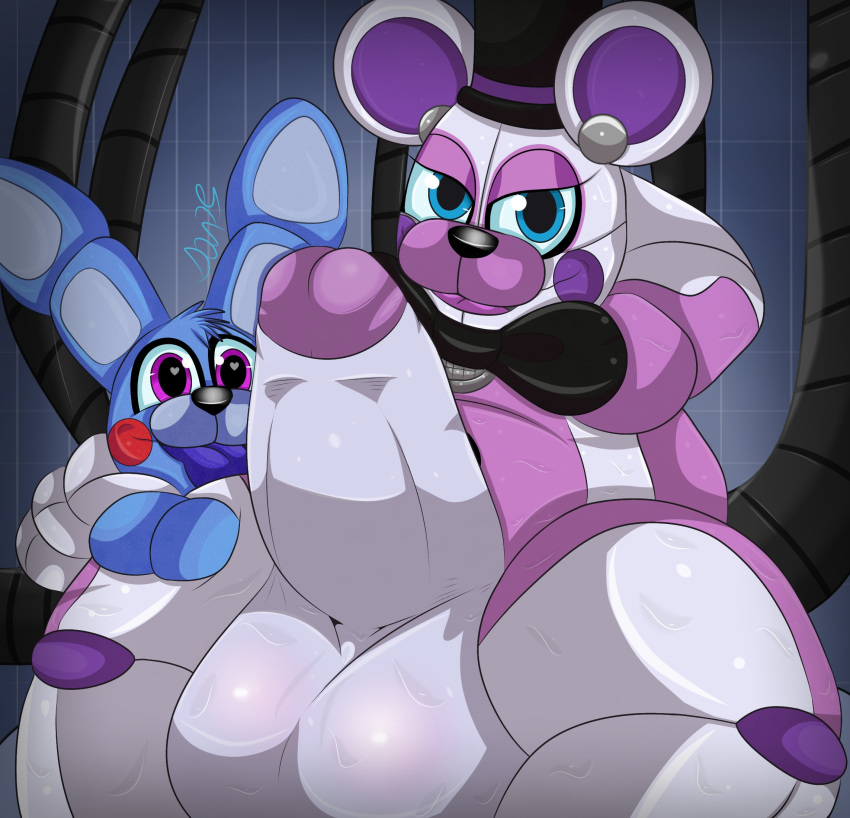 &lt;3 &lt;3_eyes ambiguous_gender animatronic anthro balls belly big_balls big_penis blue_body blue_eyes bodily_fluids bow_tie chubby_anthro chubby_male duo erection eyelashes five_nights_at_freddy's foreskin funtime_freddy_(fnafsl) genitals half-closed_eyes hands_behind_head hi_res huge_balls huge_penis humanoid_genitalia humanoid_penis lagomorph leg_grab leporid looking_at_genitalia looking_at_viewer machine male mammal narrowed_eyes nude open_mouth penis plushtrapboyuwu puppet_bonnie_(fnafsl) purple_eyes rabbit red_cheeks robot sister_location size_difference slightly_chubby smile spread_legs spreading sweat sweaty_balls sweaty_belly sweaty_genitalia sweaty_legs sweaty_thighs thick_thighs tongue tongue_out uncut ursid video_games wet white_body young