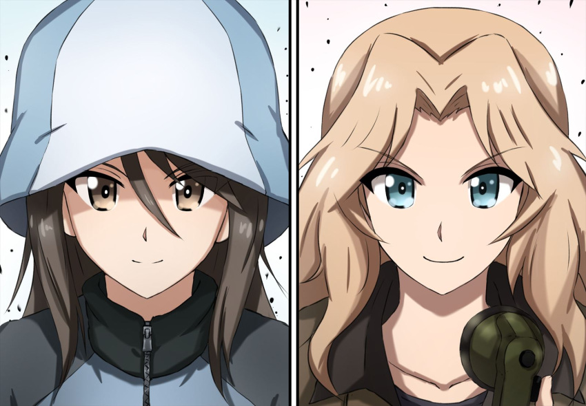 2girls bangs blonde_hair blue_eyes blue_headwear brown_eyes brown_hair brown_jacket closed_mouth commentary girls_und_panzer girls_und_panzer_saishuushou hair_intakes hat highres holding jacket kay_(girls_und_panzer) keizoku_military_uniform long_hair looking_at_viewer mika_(girls_und_panzer) military military_uniform multiple_girls omachi_(slabco) radio saunders_military_uniform smile tulip_hat uniform zipper