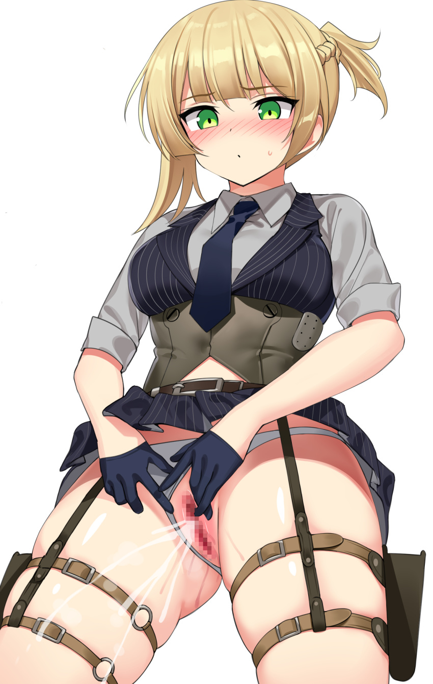 1girl bangs black_vest blonde_hair blush braid breasts corset female_ejaculation french_braid girls_frontline gloves green_eyes half_gloves highres holster large_breasts ndgd pussy pussy_juice short_hair skirt skirt_lift sleeves_rolled_up striped striped_vest thigh_holster thighs vertical-striped_vest vest welrod_mk2_(girls_frontline)
