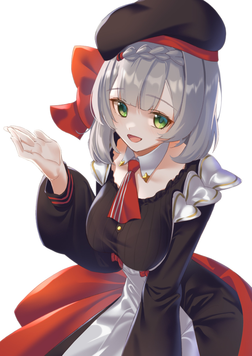 1girl beret black_headwear bow braid braided_bangs breasts genshin_impact green_eyes hair_bow hand_up hat highres kfc large_breasts long_sleeves meda noelle_(genshin_impact) open_mouth red_bow red_neckwear short_hair silver_hair simple_background smile solo white_background