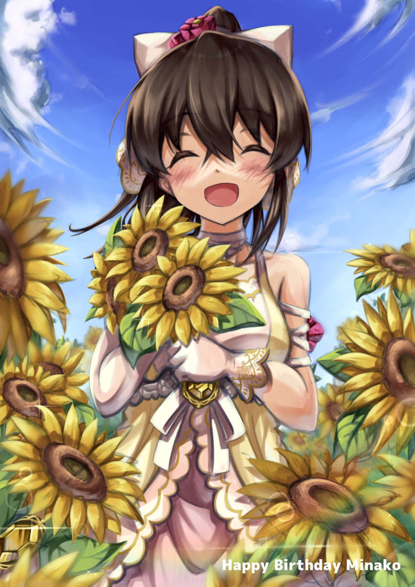 1girl absurdres bangs blush bow brown_hair character_name closed_eyes cloud cloudy_sky dress fisheye flower hair_bow happy_birthday highres holding holding_flower idolmaster idolmaster_million_live! idolmaster_million_live!_theater_days long_hair open_mouth ponytail satake_minako semi_colon sky smile solo sunflower white_dress