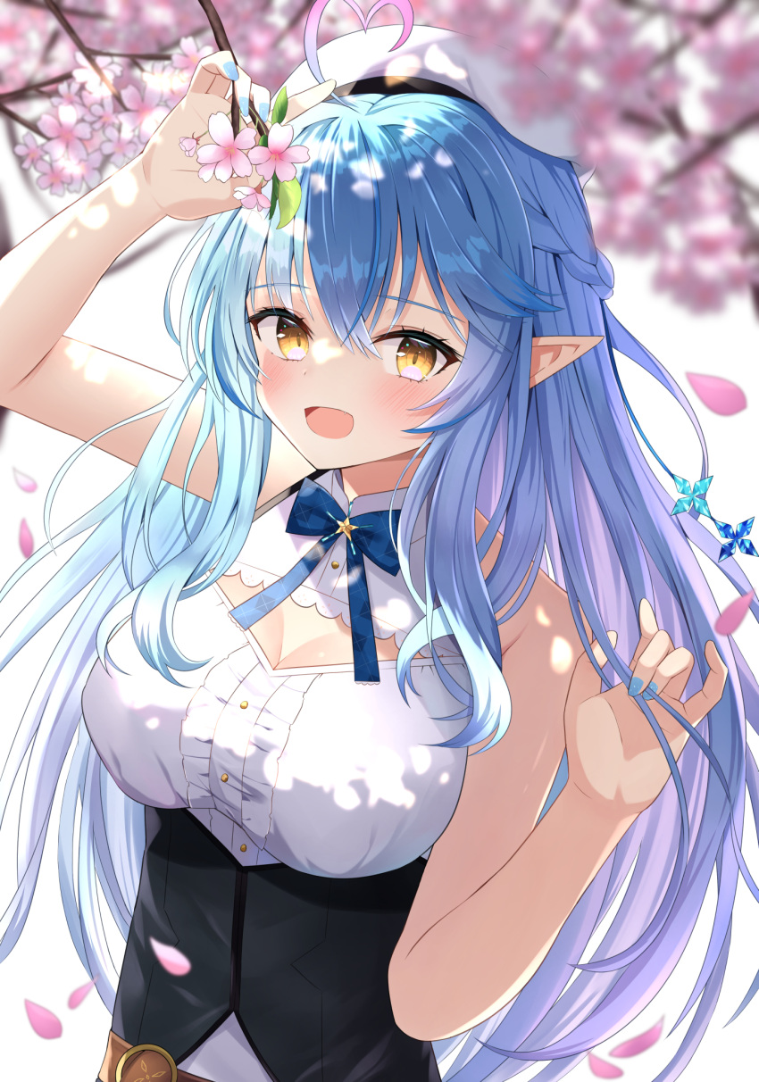 1girl ahoge arm_up bangs belt beret black_corset blue_hair blue_neckwear blush bow bowtie braid breasts brown_belt center_frills cherry_blossoms cleavage_cutout clothing_cutout corset elf eyebrows_visible_through_hair flower frilled_shirt frills hair_between_eyes hair_ornament hat heart_ahoge highres hololive leather_belt long_hair looking_at_viewer multicolored_hair off_shoulder open_mouth pointy_ears saki_(saki_paint) shirt sleeveless sleeveless_shirt smile snowflake_hair_ornament solo streaked_hair tree_branch underbust very_long_hair virtual_youtuber white_headwear white_shirt yellow_eyes yukihana_lamy