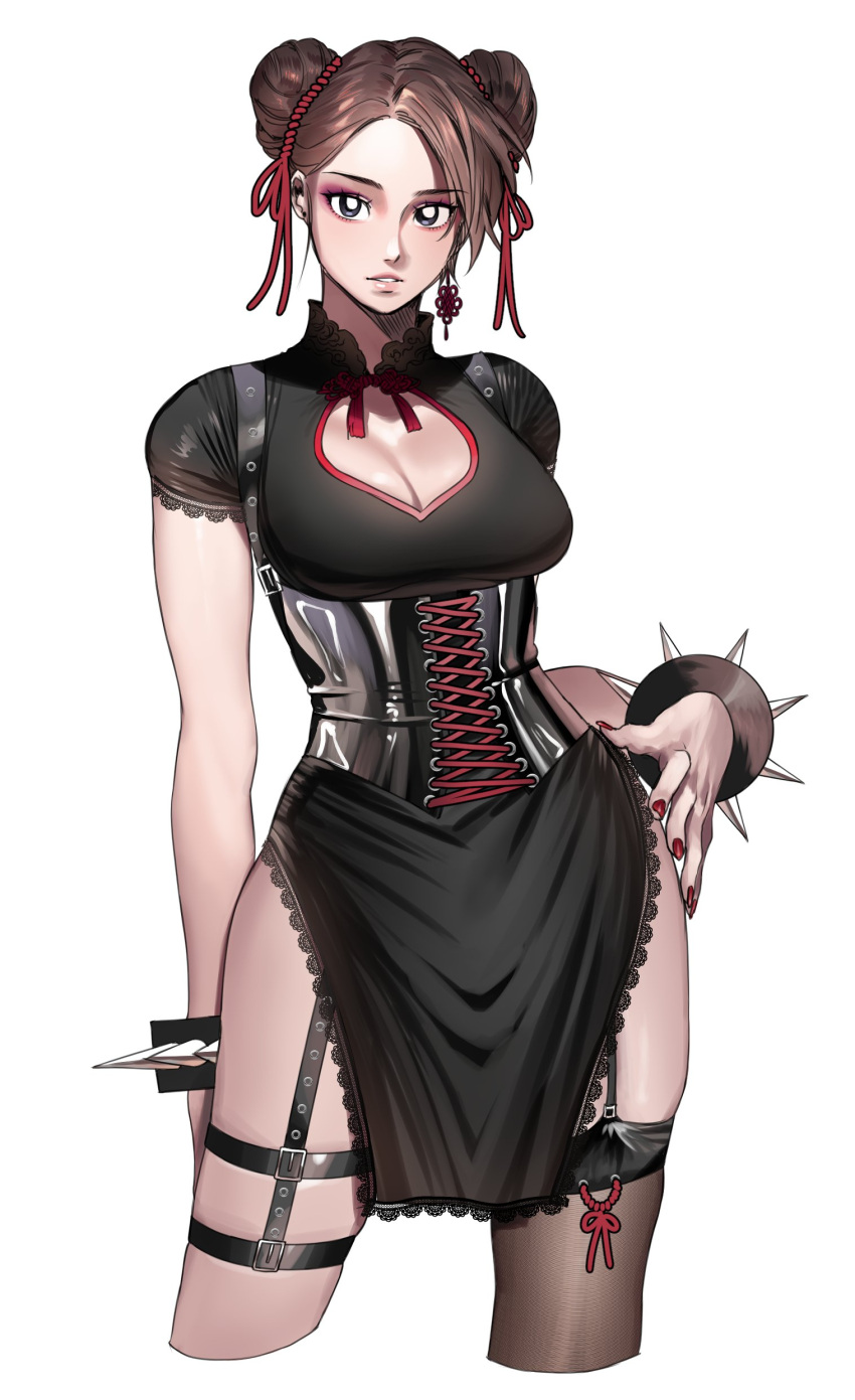 1girl absurdres alternate_costume alternate_legwear arm_at_side black_dress bracelet breasts brown_hair chun-li cleavage cleavage_cutout clothing_cutout corset cropped_legs double_bun dress eyeshadow fingernails forehead grey_eyes hair_ribbon hand_on_hip hanny_(uirusu_chan) highres jewelry lace-trimmed_dress lace_trim large_breasts leather looking_at_viewer makeup nail_polish red_nails red_ribbon ribbon sharp_fingernails single_earring single_garter single_garter_strap single_thighhigh solo spiked_bracelet spiked_hair spikes standing street_fighter thighhighs
