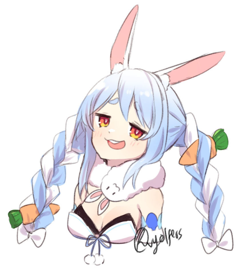 1girl animal_ear_fluff animal_ears artist_name bangs blue_hair bow breasts brown_eyes bunny_ears carrot_hair_ornament cleavage don-chan_(usada_pekora) dress food_themed_hair_ornament fur_scarf hair_ornament highres hololive multicolored_hair open_mouth rabbit_girl small_breasts solo two-tone_hair upper_body usada_pekora virtual_youtuber vyolfers white_bow white_dress white_hair