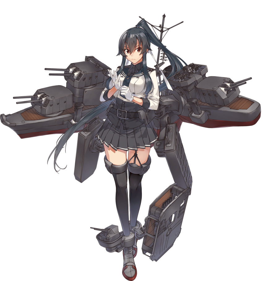 1girl absurdres belt black_belt black_hair black_legwear black_sailor_collar black_shirt black_skirt buttons closed_mouth collared_shirt cropped_jacket full_body gloves hair_between_eyes highres jacket kantai_collection konishi_(koconatu) long_hair long_sleeves machinery official_art pleated_skirt ponytail red_eyes remodel_(kantai_collection) rigging rudder_footwear sailor_collar shirt skirt solo thighhighs transparent_background turret very_long_hair white_gloves white_jacket yahagi_(kancolle)