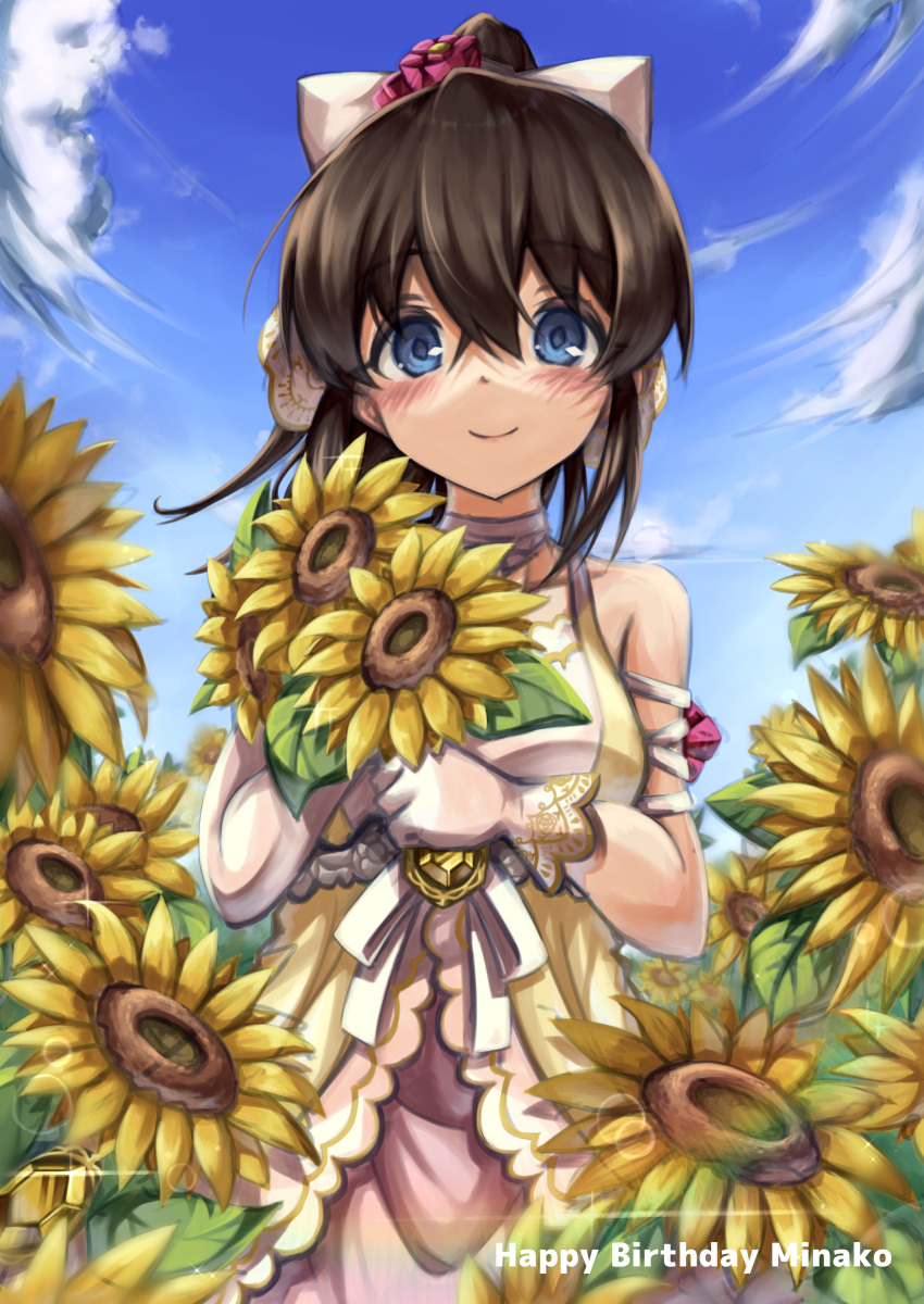 1girl absurdres bangs blue_eyes bow brown_hair character_name closed_mouth cloud cloudy_sky dress fisheye flower hair_bow happy_birthday highres holding holding_flower idolmaster idolmaster_million_live! idolmaster_million_live!_theater_days long_hair ponytail satake_minako semi_colon sky smile solo sunflower white_dress