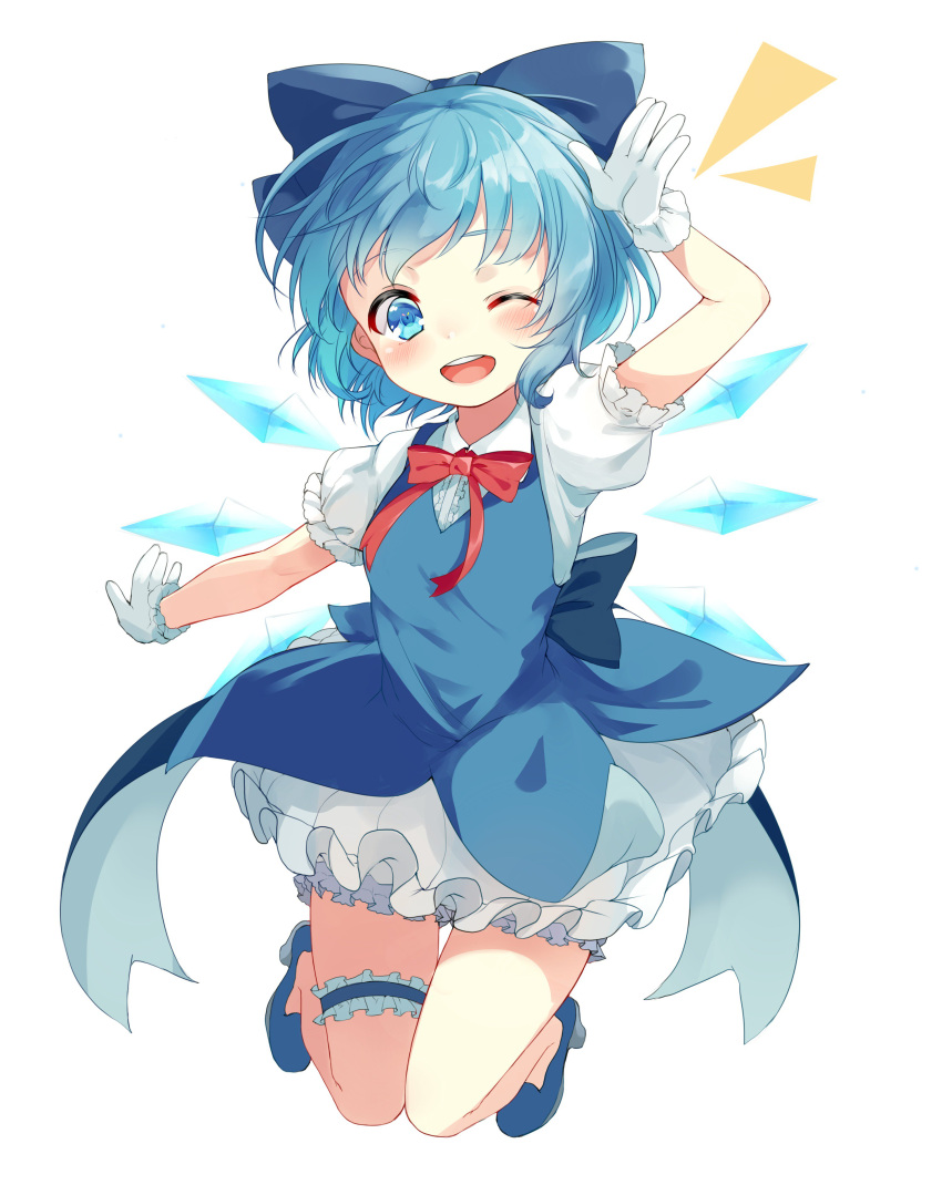 1girl ;d absurdres arm_up back_bow bangs bloomers blue_bow blue_dress blue_eyes blue_footwear blue_hair blue_ribbon blush bow bowtie breasts buttons cirno collaboration collared_shirt commentary_request dress earrings eyebrows eyebrows_visible_through_hair frilled_gloves frilled_skirt frilled_sleeves frills full_body gloves hair_bow hair_ribbon high_heels highres ice ice_wings igayan jewelry jpeg_artifacts knees_together_feet_apart leg_garter looking_at_viewer notice_lines one_eye_closed open_mouth outstretched_arm paragasu_(parags112) puffy_short_sleeves puffy_sleeves red_bow red_neckwear red_ribbon ribbon salute shiny shiny_hair shirt shoes short_hair short_sleeves sidelocks simple_background skirt sleeveless sleeveless_dress small_breasts smile solo sparkle stud_earrings teeth thigh_gap touhou underwear white_background white_gloves white_shirt wings