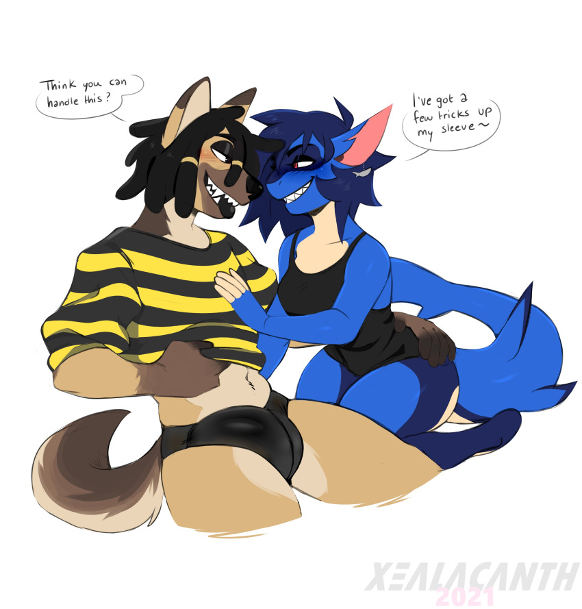 2021 ? absurd_res anthro bedroom_eyes black_eyes black_hair blue_body blue_hair blue_skin blush breasts brown_body brown_fur bulge butt canid canine canis clothed clothing devin_(yungyiff) dialogue domestic_dog dreadlocks dress duo ear_piercing ear_ring english_text erin_(kawfee) fangs female fish fluffy fluffy_tail fur german_shepherd grin hair half-closed_eyes hand_on_butt herding_dog hi_res male mammal marine narrowed_eyes navel pastoral_dog piercing red_eyes seductive shark shirt signature simple_background smile smug speech_bubble teeth text topwear traditional_media_(artwork) underwear white_background xealacanth