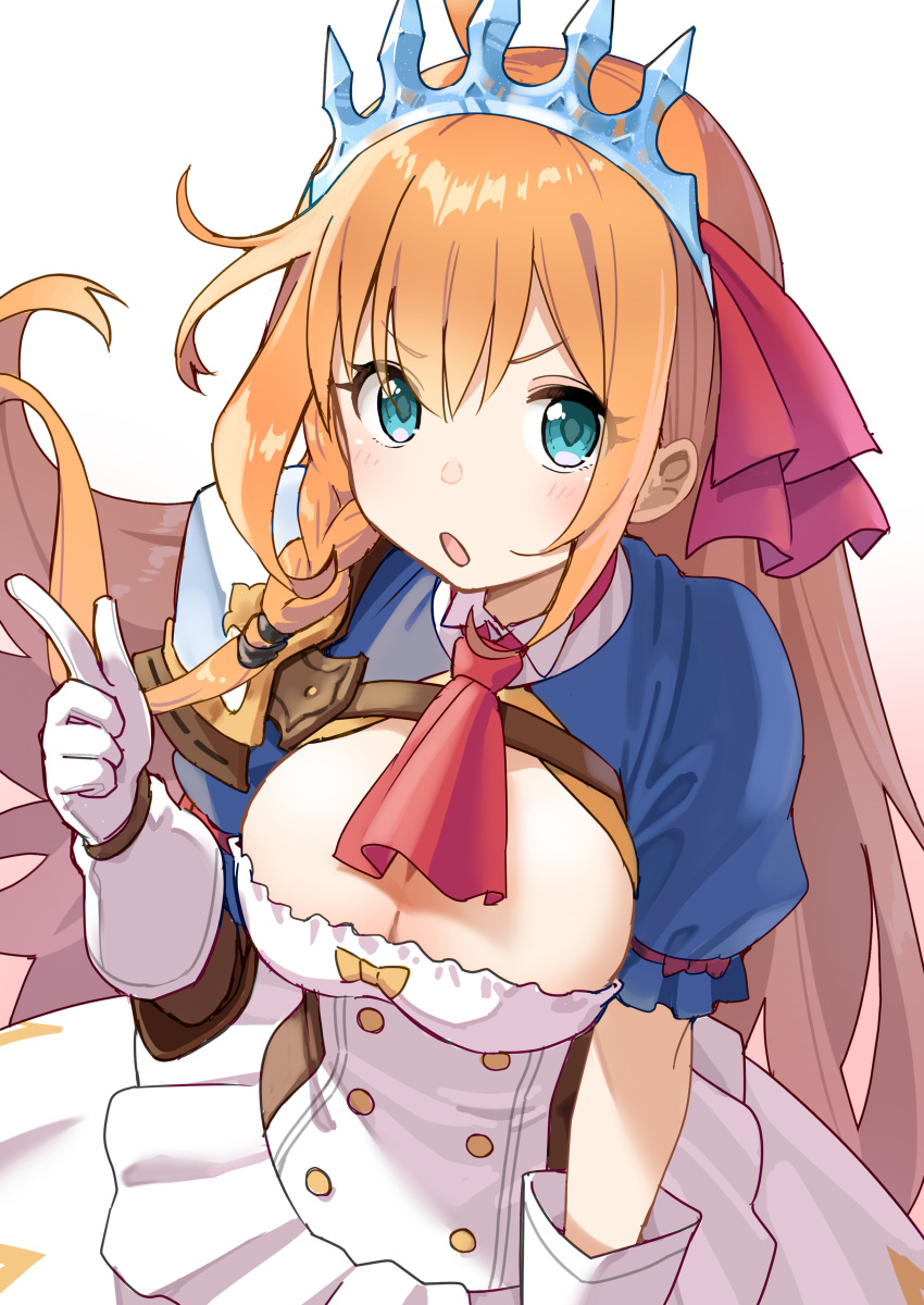 1girl :o absurdres armor ascot bangs blue_eyes blush breasts cleavage cleavage_cutout clothing_cutout cowboy_shot dress dress_bow eyebrows_visible_through_hair from_above gloves hair_ribbon highres index_finger_raised large_breasts long_hair looking_at_viewer mameroku open_mouth orange_hair pecorine_(princess_connect!) princess_connect! princess_connect!_re:dive puffy_short_sleeves puffy_sleeves red_neckwear red_ribbon ribbon short_sleeves shoulder_armor sidelocks simple_background solo spaulders standing tiara underbust white_background white_dress white_gloves