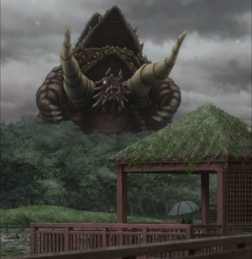 anoshiras anoshiras_ii cloud cloudy_sky gazebo highres kaijuu scenery screencap sky ssss.gridman stitched third-party_edit umbrella